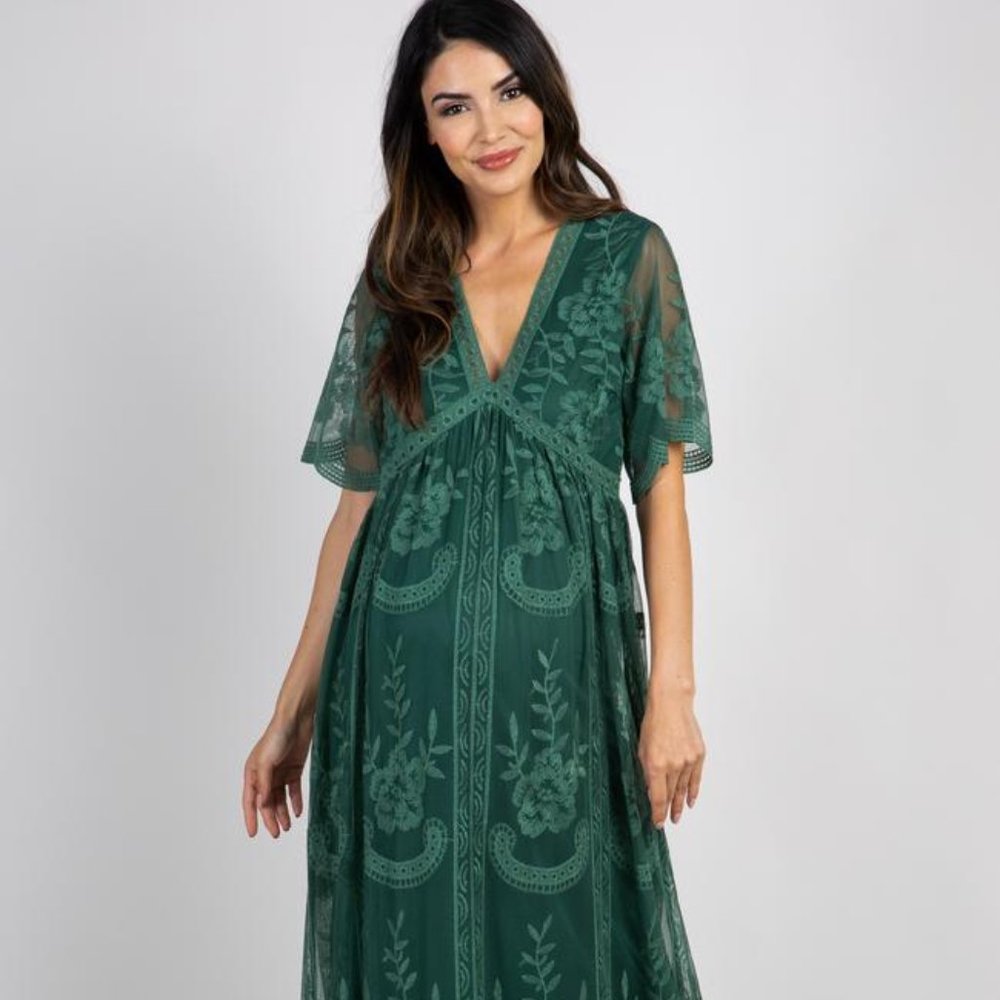 Lace Mesh Overlay Maternity Maxi Dress - Teal Green (Large)